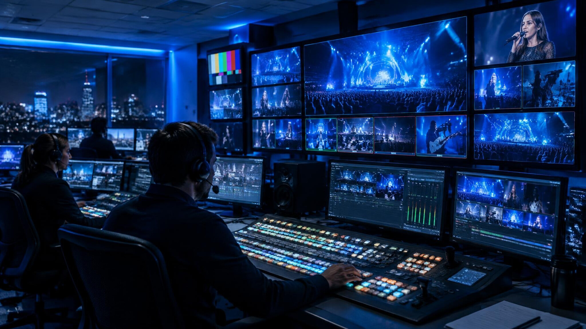Broadcast control room with multiple monitors and vision mixing desk