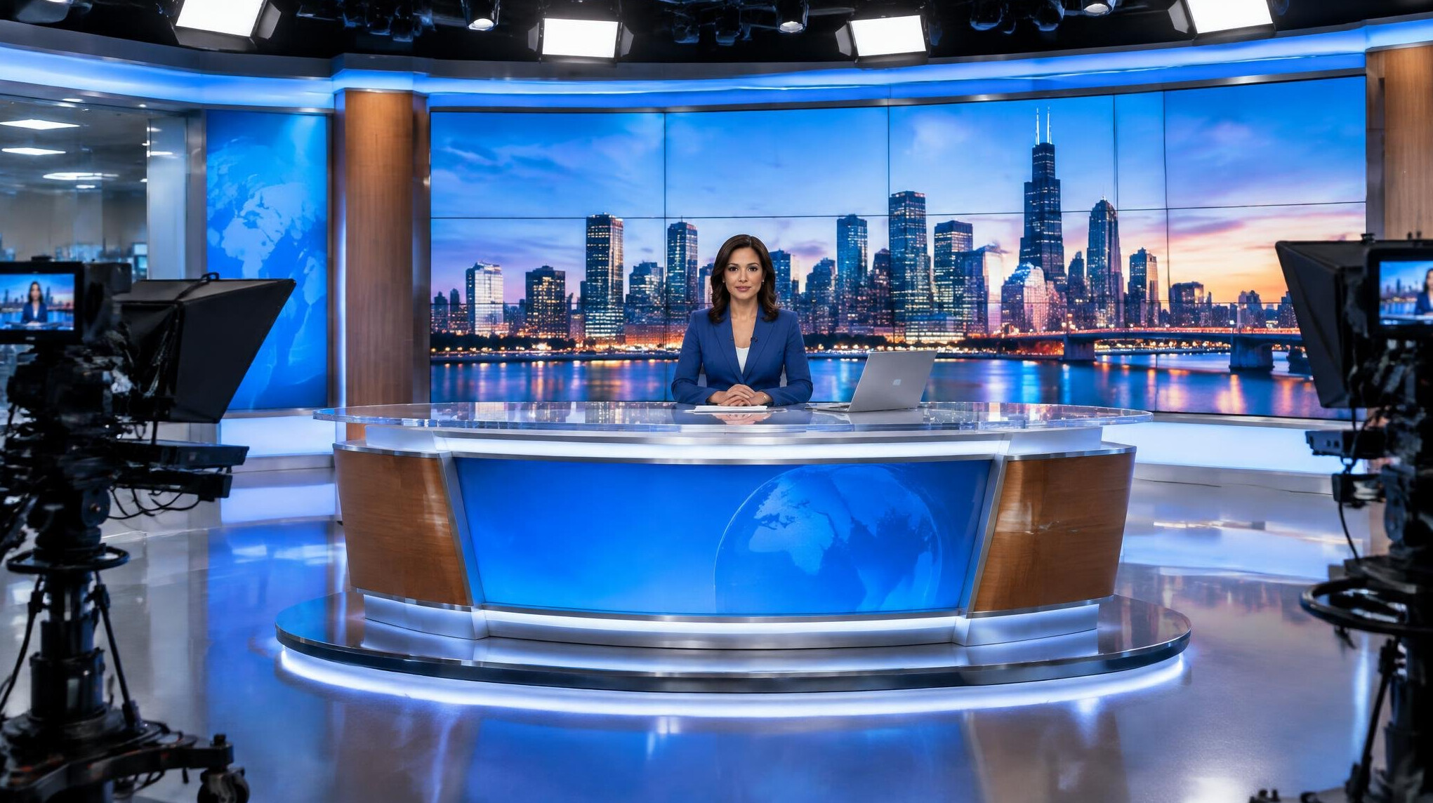 Live television news studio set with anchor desk and large video wall